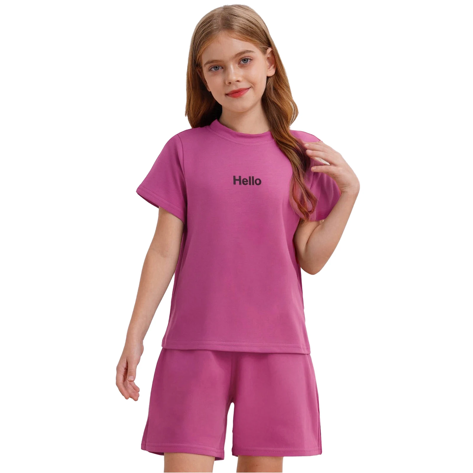 

Kids Boys Girls Solid Color Casual Outfits Summer Short Sleeve Letter Print T-Shirt+Elastic Waistband Pockets Shorts Sportswear