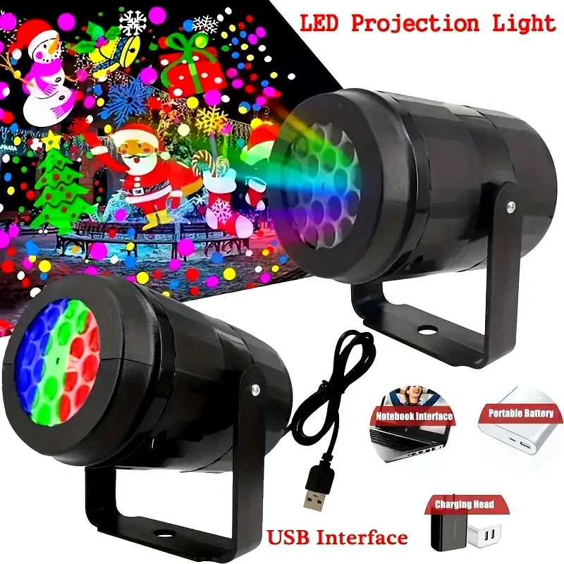 USB Christmas Projector Lights Snowflake 16 Patterns Xmas Party Stage Light Outdoor Indoor DJ Laser Lamp Holiday Decoration