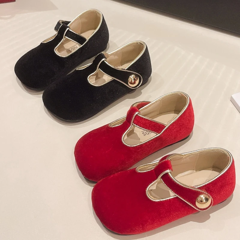 Mary Jane Shoes for Girl Kids Vintage Velvet Party Dress Flats Red Black Children Christmas Shoes for Baby Girl zapatos de niña