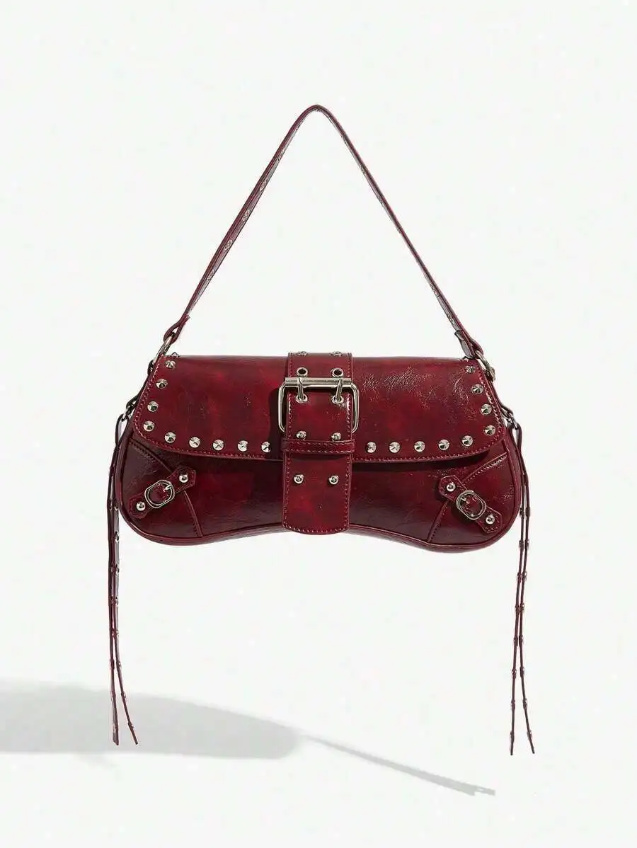 

Burgundy Rivet Decorated Shoulder Bag For Women