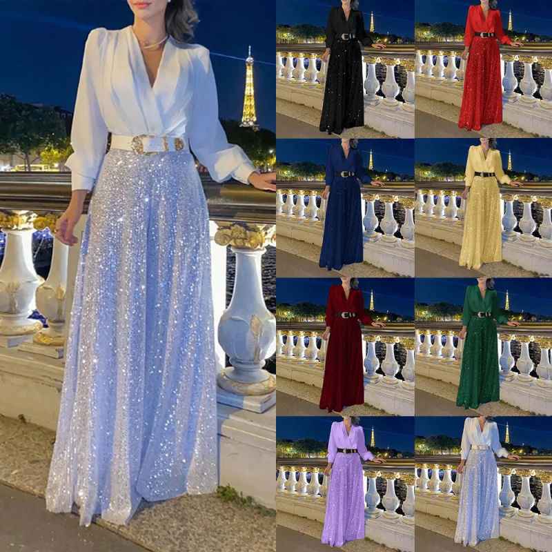 Chemise à manches longues à col en V pour femmes, taille élégante, amincissante, jambe large à paillettes, mode européenne et américaine, vêtements pour femmes, nouveau, 2021