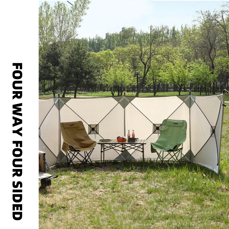 

Foldable and non-enclosed camping vehicle with a rear extension sunshade, outdoor wind protection net, and outdoor dining canopy