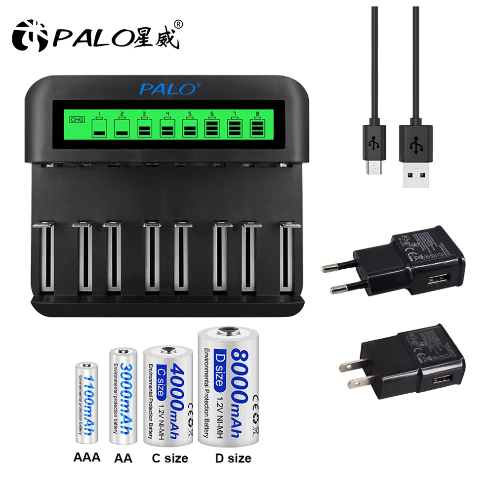 

PALO Intelligent LCD Display USB Smart Battery Charger For 1.2v NI-MH NI-CD AA AAA C D Size Rechargeable Battery Fast Charger