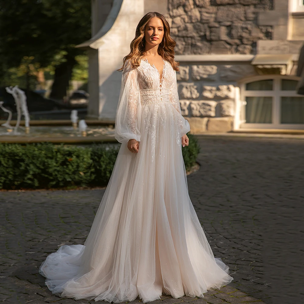 Vestido De novia De línea A para novia, mangas abullonadas personalizadas, cuello en V, cinturón con cuentas, apliques De tul suave, Vestido De novia