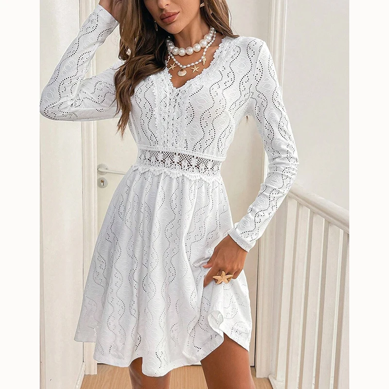 

Summer Elegant Lace Dress for Women's Patchwork Hollow Casual Vacation Scallop Edge Waist-closing Midi Skirt Long Sleeves Head