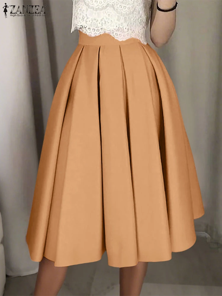 

Лето 2022, офисные плиссированные юбки ZANZEA, женская модная вечерняя юбка трапециевидной формы, элегантная однотонная юбка-миди с высокой талией, Vestido Falda