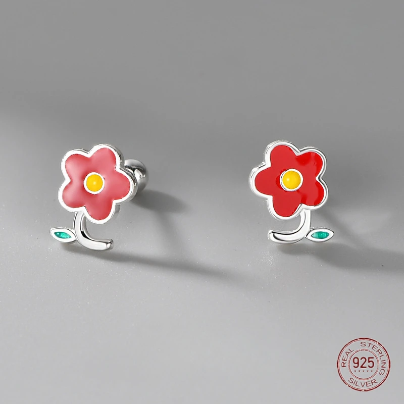 925 Sterling Silver Small Red Flower Stud Earrings for Girls Fresh Pastoral Style Forest Series Earring Ladies Piercing Jewelry