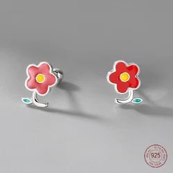 925 Sterling Silver Small Red Flower Stud Earrings for Girls Fresh Pastoral Style Forest Series Earring Ladies Piercing Jewelry