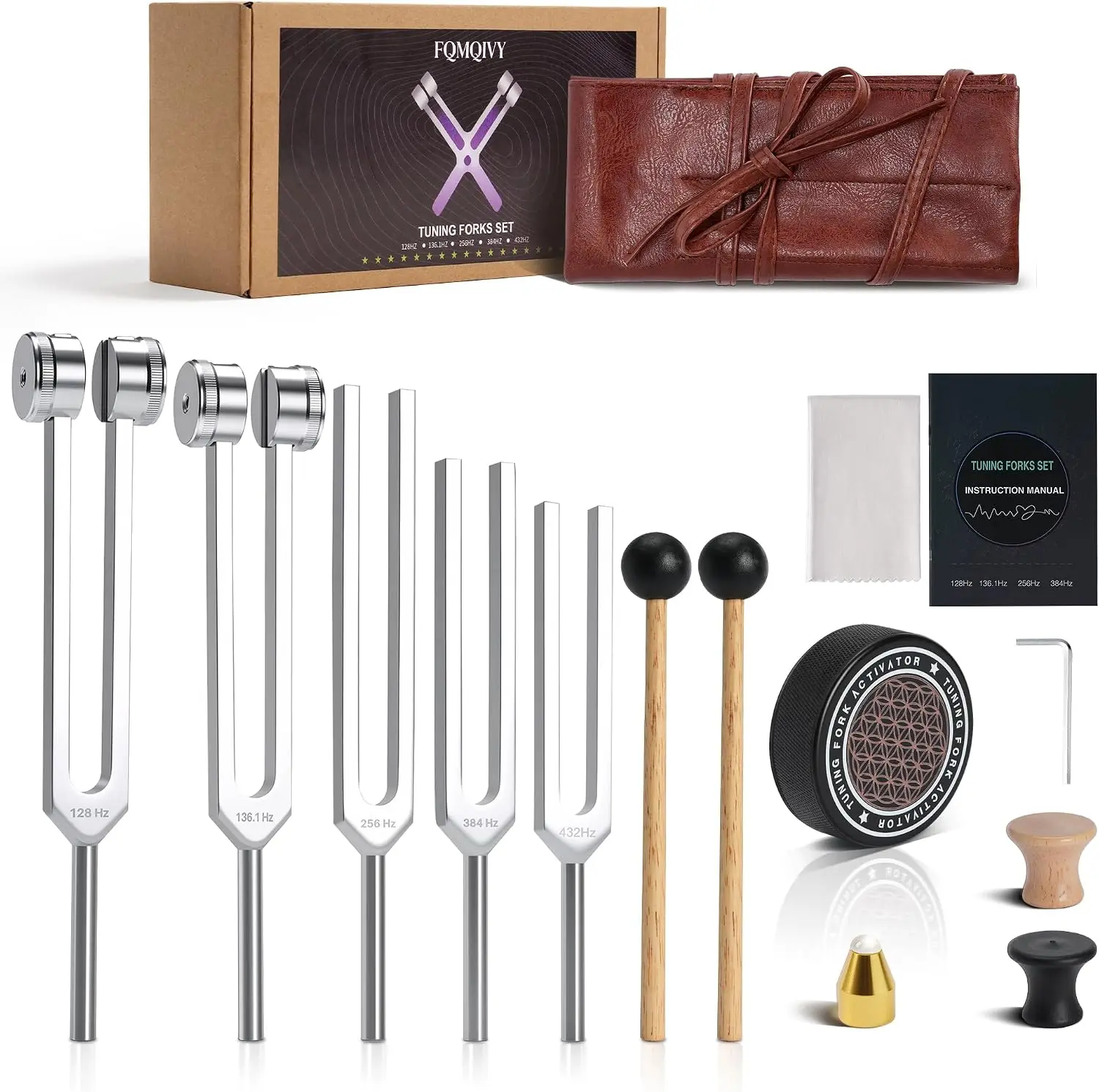Tuning Forks for Healing Set - 128Hz 136.1Hz 256Hz 384Hz 432Hz, Weighted & Unweighted with Vegan Leather Pouch & Activator