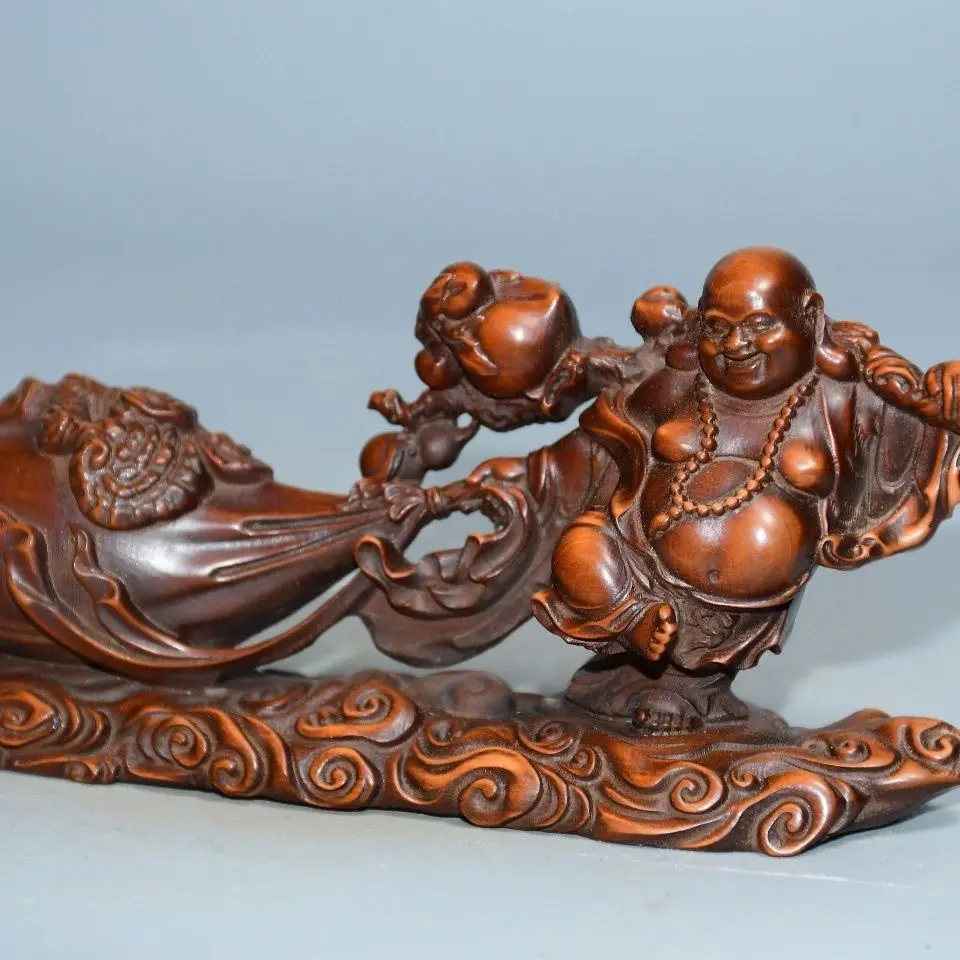 Hand Carved Wood pulling the money bag Maitreya Buddha Statue Figurine Desktop Ornaments Home Decoration Crafts Tea Pet Decor