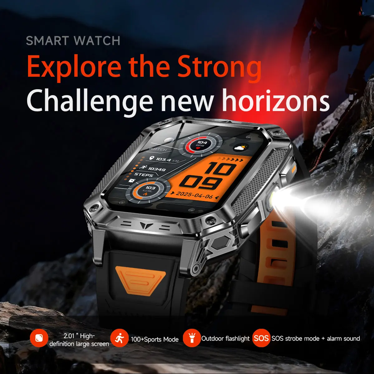 2026 Neue 1400mAh Militär-Smartwatch 10ATM Wasserdicht 2,01" AMOLED SOS+LED-Taschenlampe Herzfrequenz 100+ Sportmodi Fitness-Uhr – Detail 1