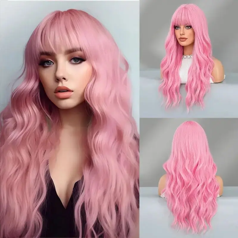 

Pink Synthetic Wig Natural Fluffy Bangs Wavy Long Curly Hair White Women Daily Cosplay Use Full Head Covers