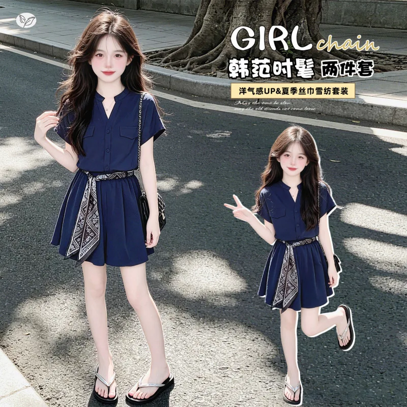Girls' Chiffon Set Summer New Style 4-14 Year Old Korean V-neck Shirt T-shirt Three Leg Pants Shorts Two Piece Set