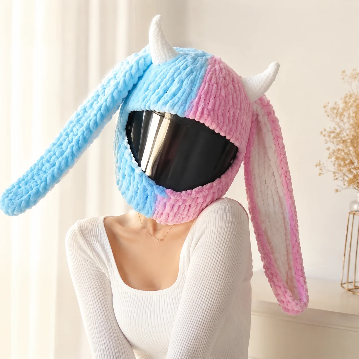 Edgy-Cute Demon Bunny Ear Helmet Cover – Eco-Friendly (Organic Cotton, Zero-Pollution) |   Must-Have Motorcycle Accessory for Women
