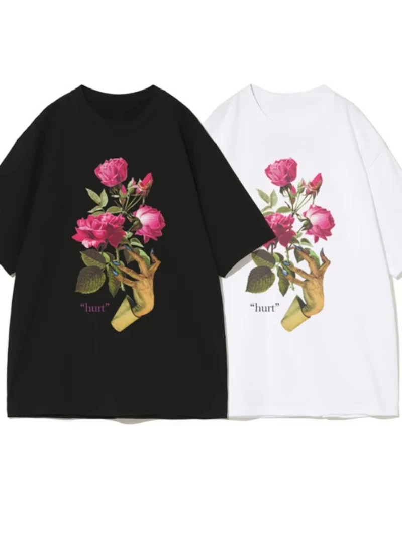 

2025 Summer New Fashion Hand-held Rose Print Couple Short-sleeved Cotton Round Neck Outdoor Leisure Sports T-shirt Large Size