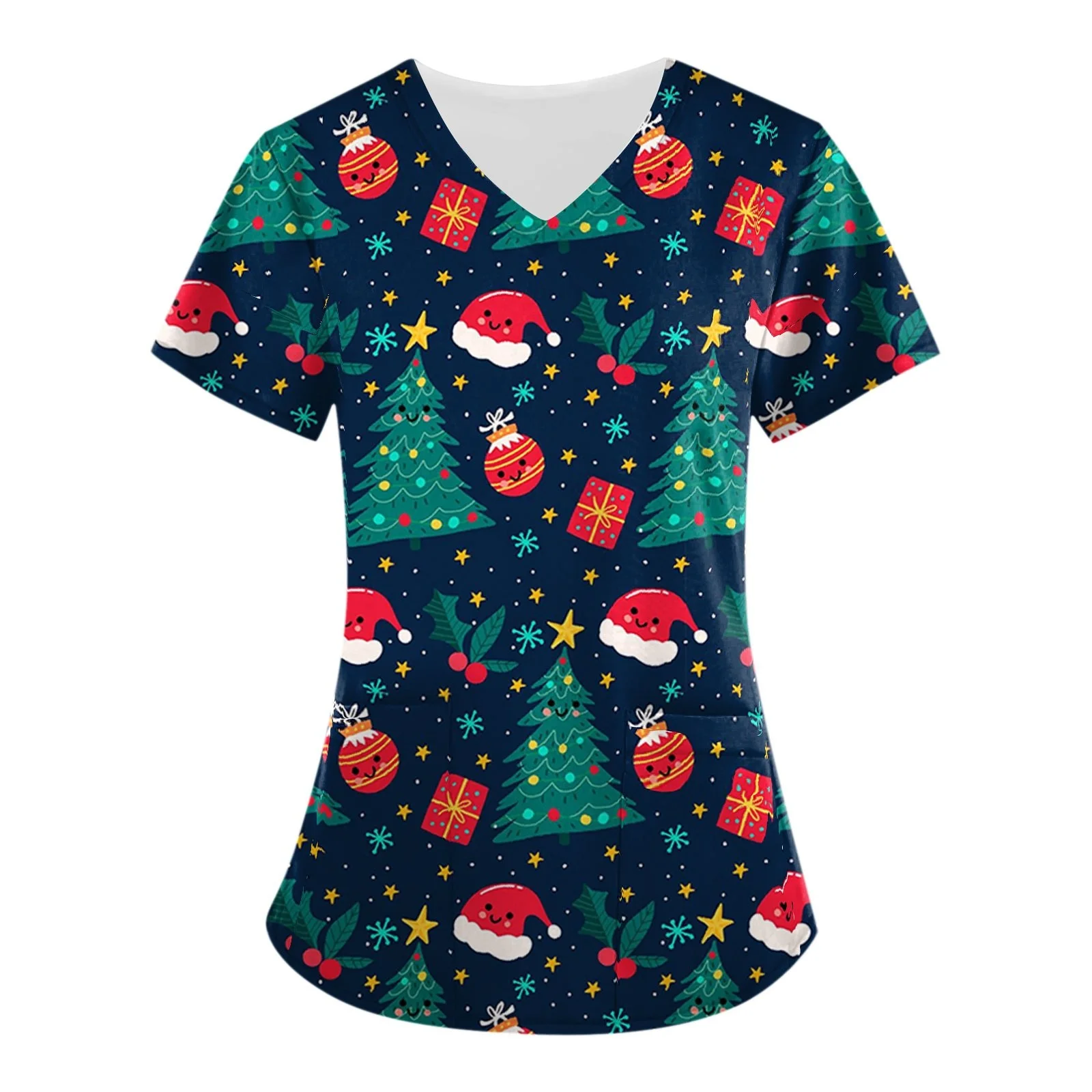 Novo uniforme clínico de natal mulher verão dos desenhos animados impressão 3d microelástico uniformes médicos casual com decote em v uniforme de enfermeira mulher topo