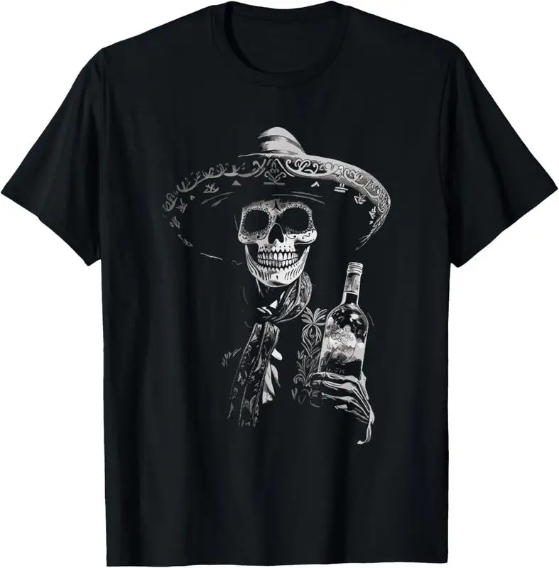 

[100% Cotton] 100% Cotton Unisex Vintage Skeleton Tequila Mexico Dia De Los Muertos Mexican T-Shirt Men's Women's Vintage Gaphic