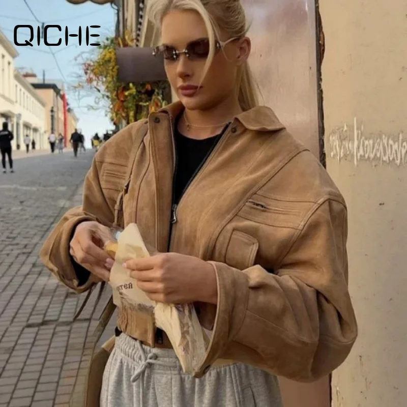 QICHE Women 2026 Autumn Winter American Vintage Versatile Cargo Short Jacket European Style Outerwear