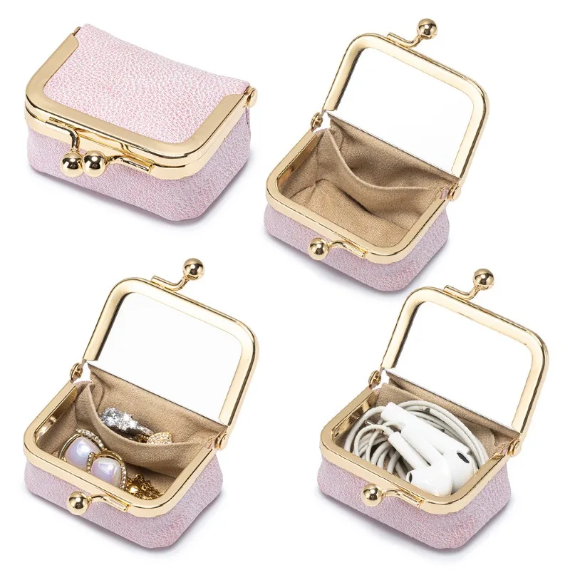 Mini Genuine Leather Kiss Lock Purse with Built-in Mirror Portable Jewelry Holder for Ring Earring Necklace Small Accessories
