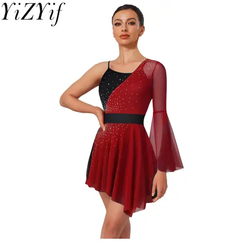 Imagen 1 del producto Vestido de actuación de patinaje artístico lírico brillante para mujer, leotardo breve incorporado de malla con una manga acampanada para Ropa de baile de salón moderna