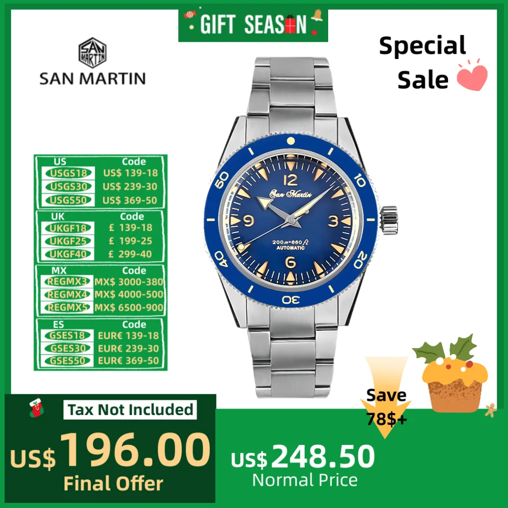 San Martin 39.5mm NH35 YN55 Sandwich Dial Diving Watch Men Automatic Wristwatch 20Bar Sapphire BGW-9 C3 Lume Coating SN0051-1/2