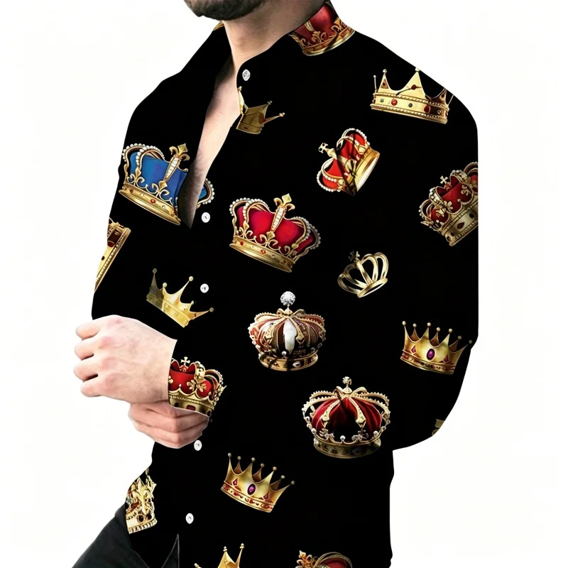 Men's shirt personalized crown print long sleeved black fashionable personalized print shirt versatile business casual men's top