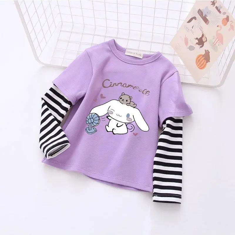 الخريف طفل الفتيات 100% ملابس قطنية طفل سانريو سينامورول ملابس منقوشة بكم طويل تي شيرت الأطفال شريط المرقعة البلوز
