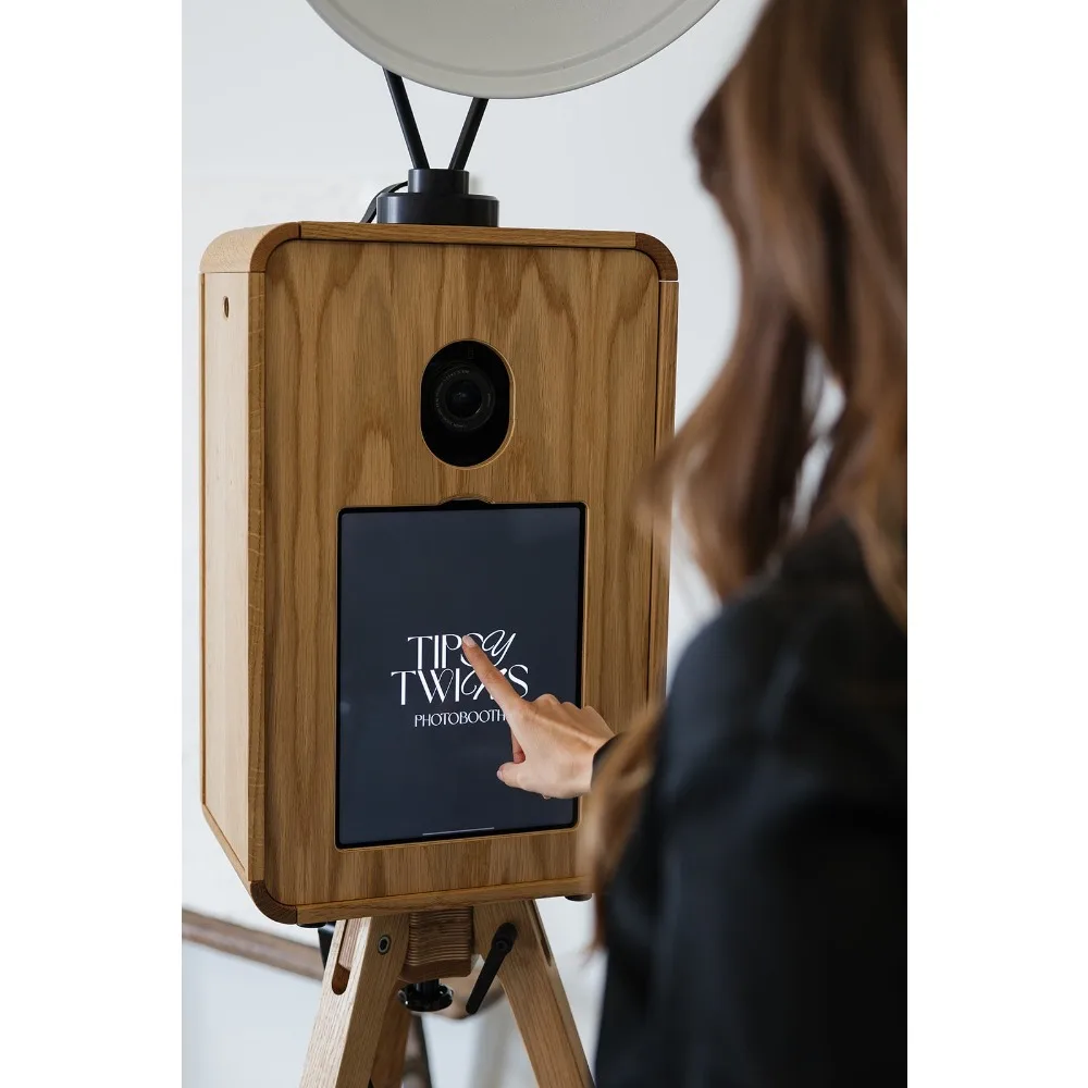 Double Sided Oak Wood iPad Photo Booth 18.5 Inch Touch Screen Display Photo Booth Case with Printer Slot for Event Party Rental