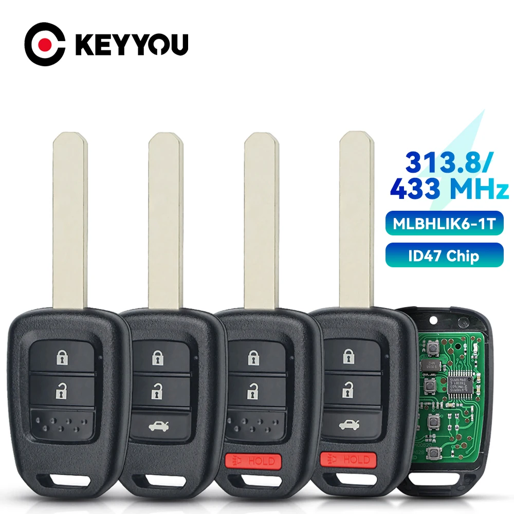 

KEYYOU MLBHLIK6-1T 313.8Mhz / 433Mhz Car Key Fob ID47 Chip Remote Key Fob For Honda CRV Civic Accord LX Fit 2013-2017