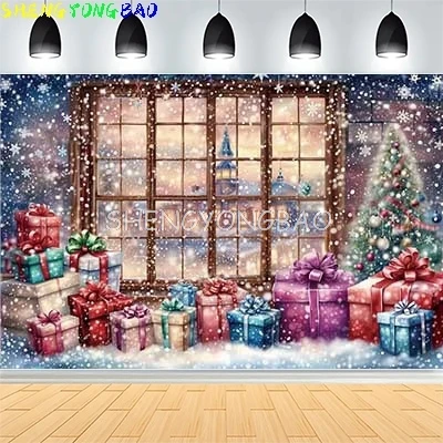 

Christmas Day New Year Party Photography Backdrops Prop Window Living Room Interior Xmas Tree Snow Theme Photo Background VF-51