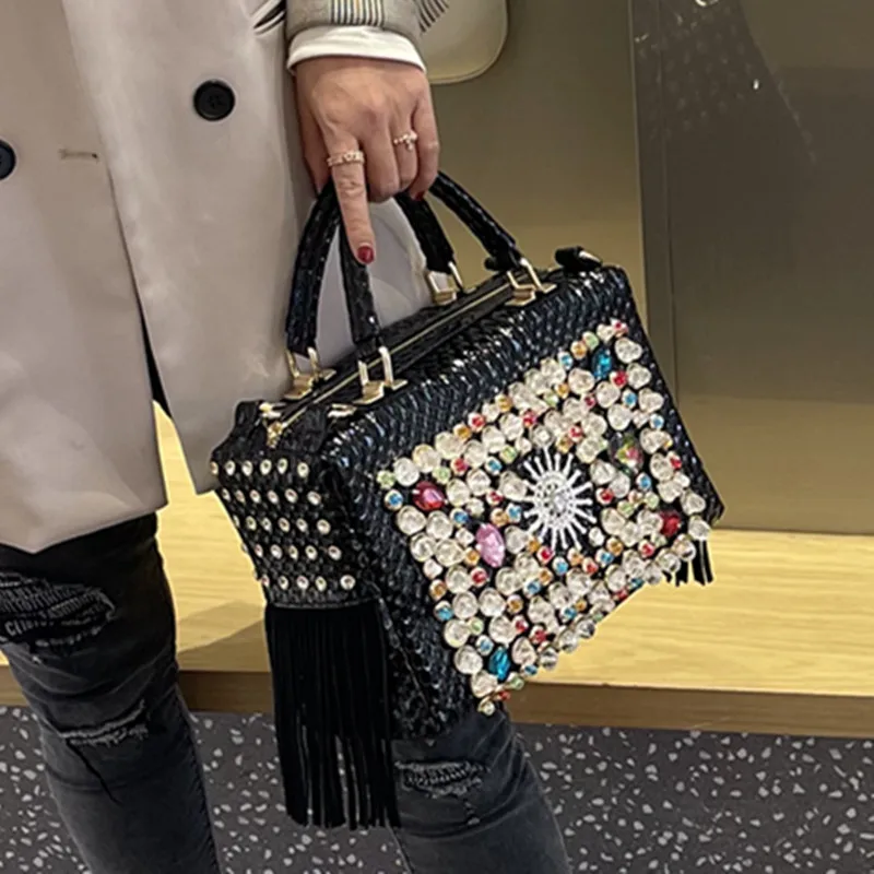 Luxury Fashion Diamonds Women's Handbags Genuine Leather Tassel Rhinestone Large Capacity Shoulder Crossbody Bags