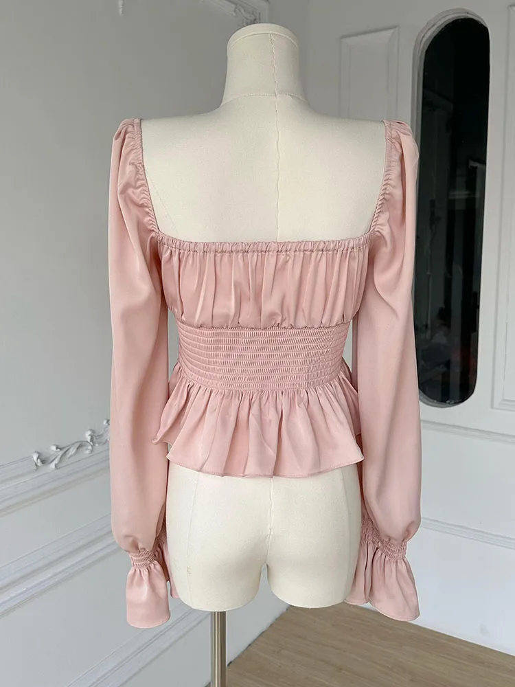 French Elegance Sweet Blouses Mori Girl Chic Crop Top Solid Flare Sleeve Basic Casual Court Shirts Luxury Pearl Formal Occasion