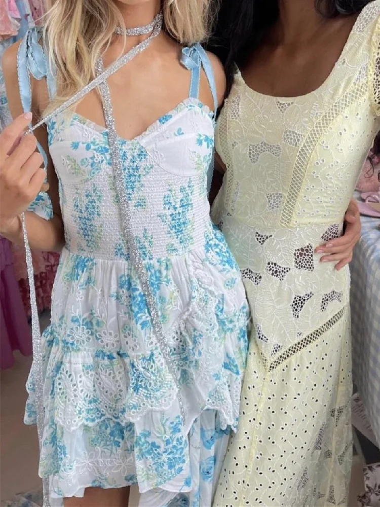 2022 feriado bordado branco com flor azul impressão borla bola laço até sling vestido feminino cruz babados hem mini robe boho