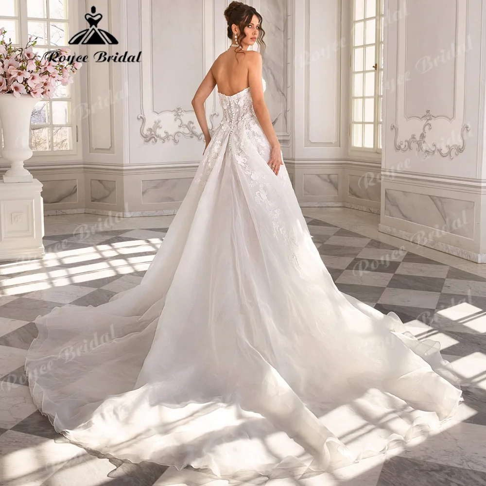 Roycebridal Strapless Sweetheart Ball Gown Wedding Dress 3D Floral Lace Open Back High Slit Organza Vestido De Novia Customized