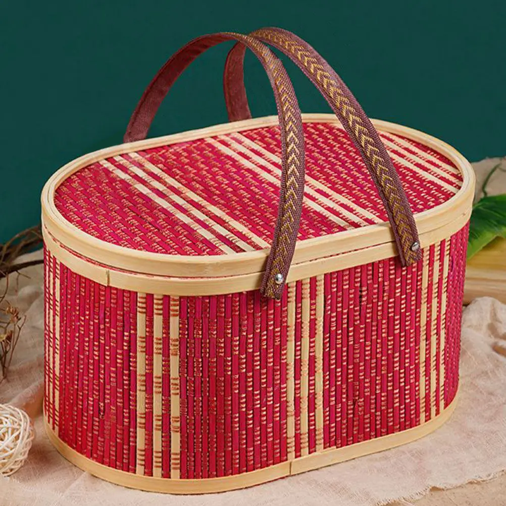 

Oval Bamboo Storage Basket Box Swing Handle Portable Woven Organizer Bin Decorative Storage for Clothes Miscellaneous Items Home