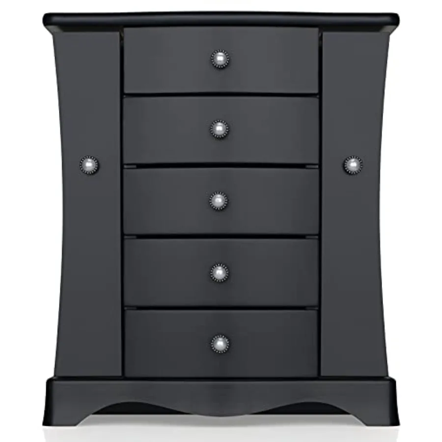 Jewelry Box - Made of Solid Wood with Tower Style 4 Drawers Organizer and 2 Separated Open Doors on 2 Sides and Large Mirror Bl