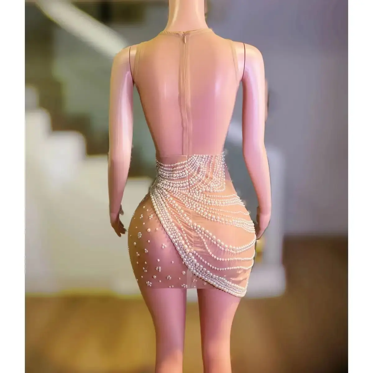 Pearl Perspective Mesh Sexy Bag Hip Skirt Nightclub Bar DJ Female Singer Dance Team Stage Costume Party Theme Show Clothing