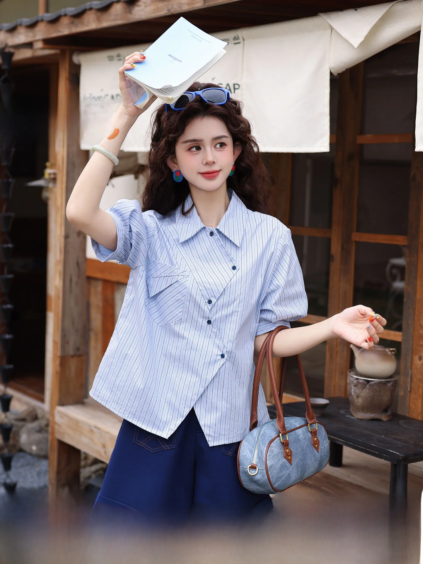 

Blue Striped Shirt Women's Short Sleeve Shirt Elegant Design Casual Loose Fit Cotton Vintage Style Slimming Effect Summer Shirt