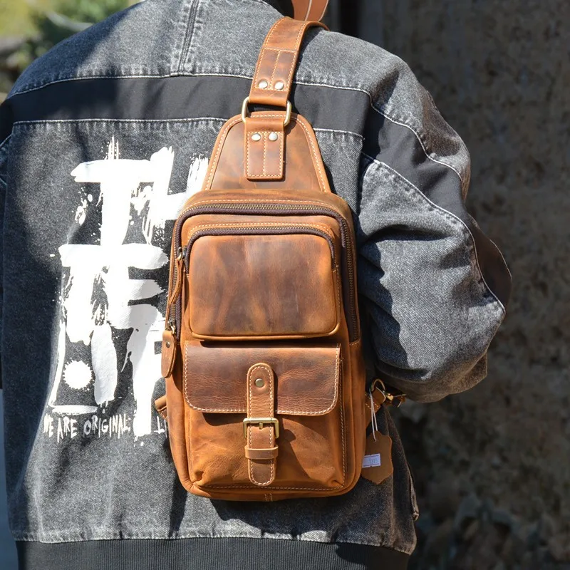 

Casual Men's Chest Bag Large Capacity Multi-Function Single Shoulder Slant Crossed Leather Backpack Vintage Style