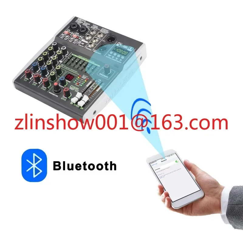 EIF Mixer 4 Channel Stereo 48V Phantom Power DSP Effects Bluetooth USB Computer Play Record Podcast Audio mixer