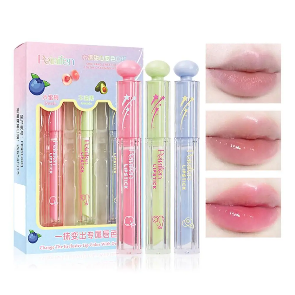 3個入りフルーツフレーバー変色リップバームセット 保湿リップグロス、プランピングティントリップスティック、長持ちリップケアキット