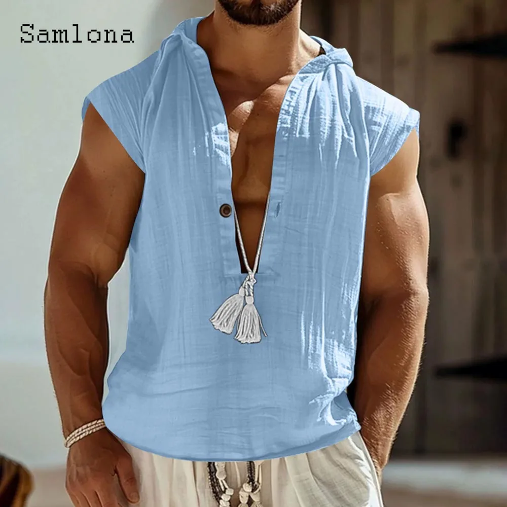 Kemeja Bertali Fashion Pria 2025 Atasan Bertudung Kasual Tanpa Lengan Pria Pulover Pantai Musim Panas Terbaru Blus Linen Katun Navy Abu-abu
