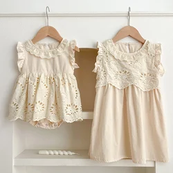 Sisters Infant Girls Toddler Outfit Summer Baby Clothes Embroidery Little Girls Bodysuits Infant One Piece Big Sisters Dresses