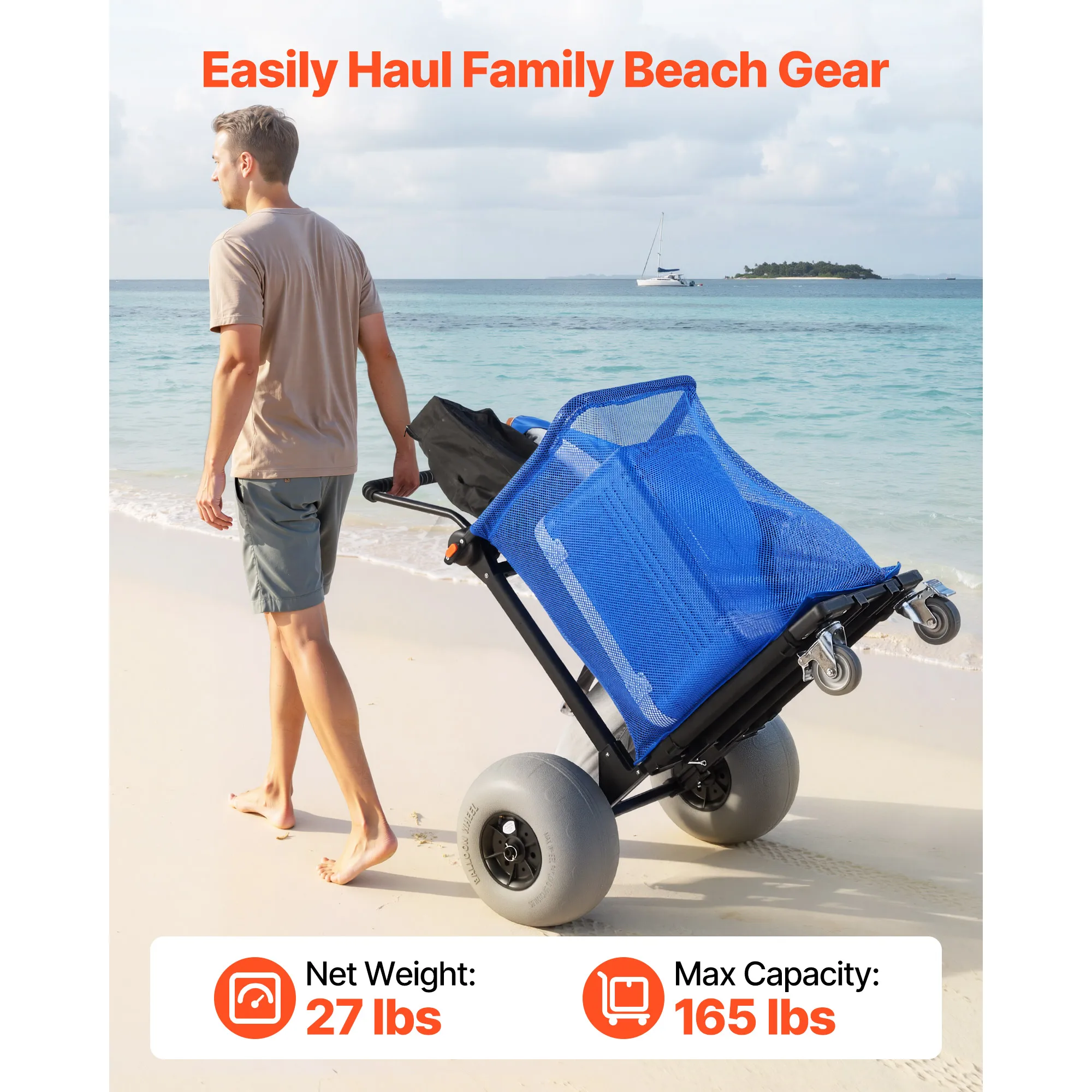Beach Cart with Large Wheels for Sand, 165 lbs Load Capacity, Heavy-Duty Folding Beach Wagon with 12