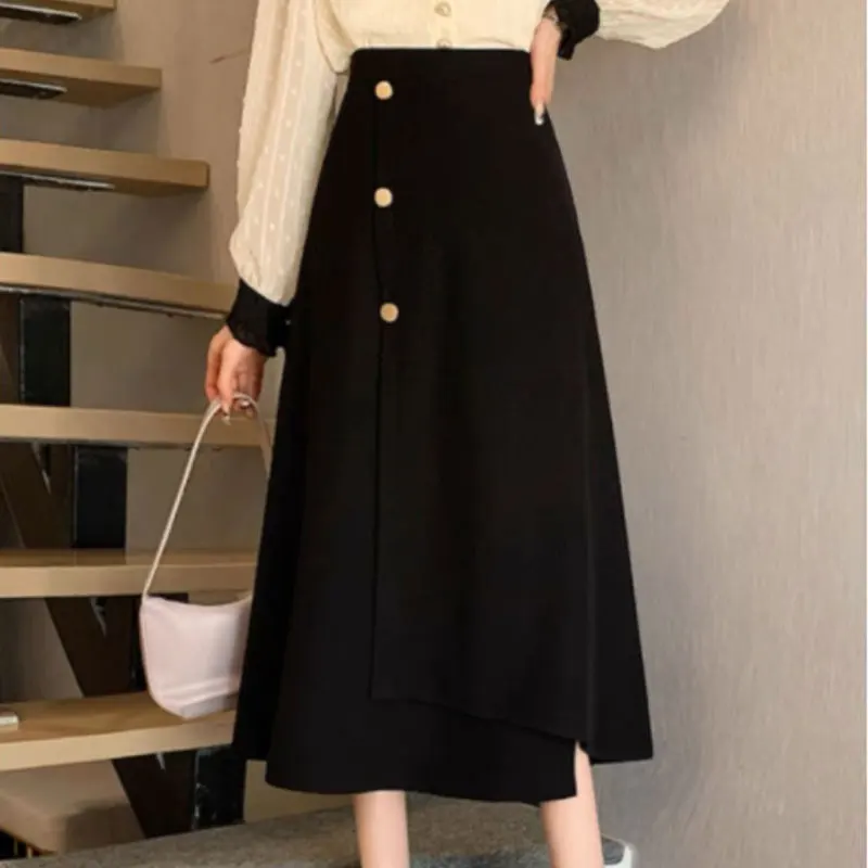 

Stylish Irregular Patchwork Midi Skirts Female Clothing Commute Solid Color Spring Autumn Basic High Waist A-Line Button Skirts