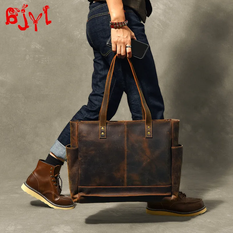 Men's Tote Bag Retro Cowhide Men Handbags Lading Shoulder Bag Horizontal Section Tote Bags Original Imported Crazy Horse Leather