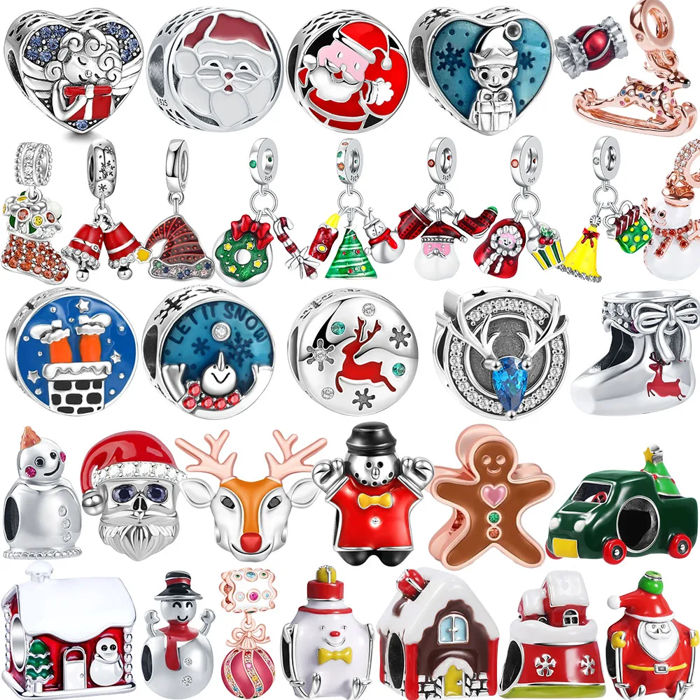 

New 925 Silver Christmas Tree Socks Hat Santa Claus Elk Deer Snowflake Winter Bead Charm Fit Bracelet Accessories DIY Jewelry