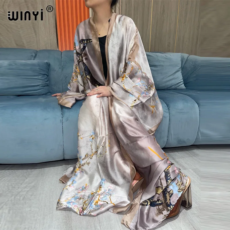 WINYI2022 urlaub Boho Gedruckt Lange Kimono Kleid Bikini Wrap Abdeckung-ups Frauen Sommer Kleidung Strand Tragen Schwimmen Anzug Abdeckung up kimono