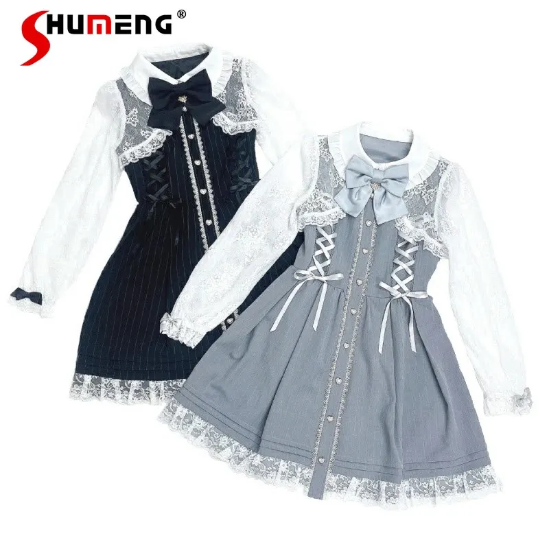 

Japanese Style Mass-production Lace Splicing Doll Collar Bow Long Sleeve Heart Single-breasted Lace-up Striped Dress for Women