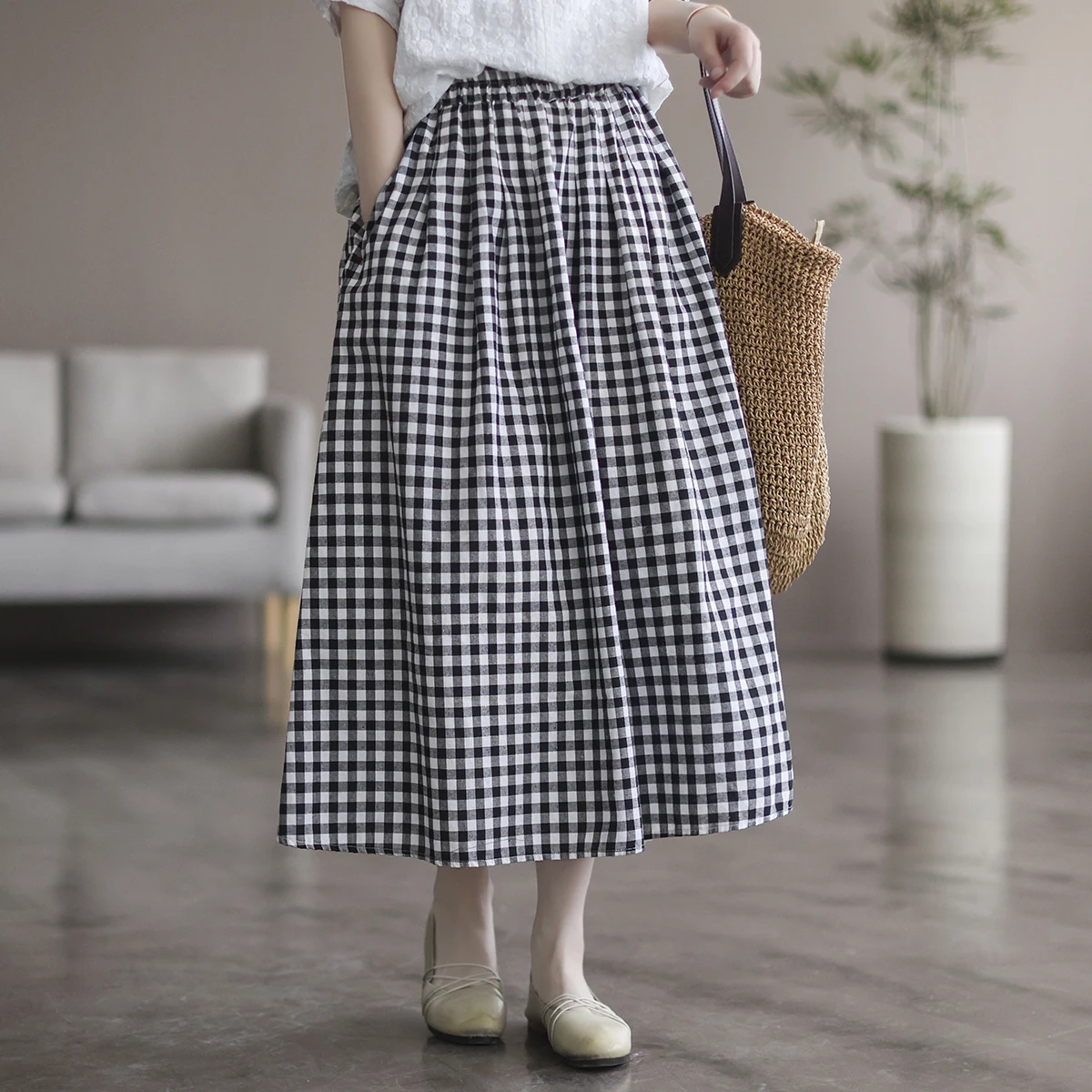 

Simple Bla White Plaid Cotton Linen A-Line Midi Skirt Brand Women's Faion Commute High Waist Gored Skirt